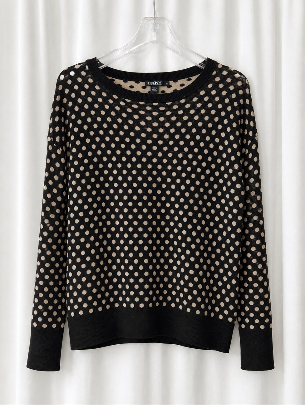 DKNY Black Taupe Silk Cashmere Polka Dot Lightweight Knit Casual Chic Sweater